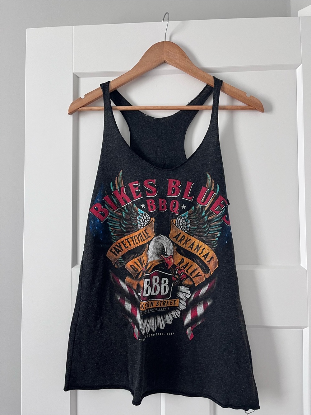 Next Level Apparel Black Biker Racerback Tank with Red and Gold Graphic